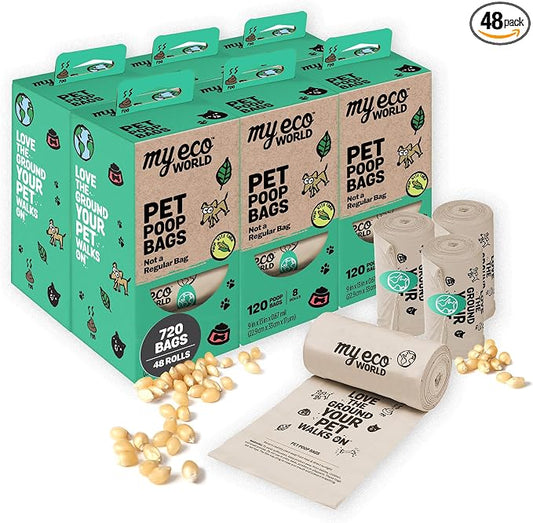 MyEcoWorld® Compostable Pet Poop Bags - Made with Corn and Other Certified Compostable Materials - 720 Bags - 48 Roll - Extra Strong - Leak Proof - Unscented - Easy to Open