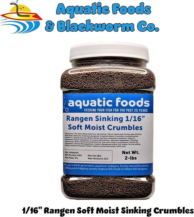 1/16" Soft Moist Sinking Salmon Crumbles for Baby Axolotls, Shrimp, Snails, Crabs, Small Amphibians, Bottom Tropical Fish ...2-lb Med Jar
