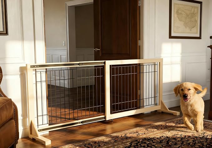 Freestanding Wooden Dog Gate for Doorways & Stairs, Adjustable Width 23.6"–45.3", Foldable No Drill Pet Gate for Small Dogs & Puppies, Indoor Dog Barrier, 19.7" Tall