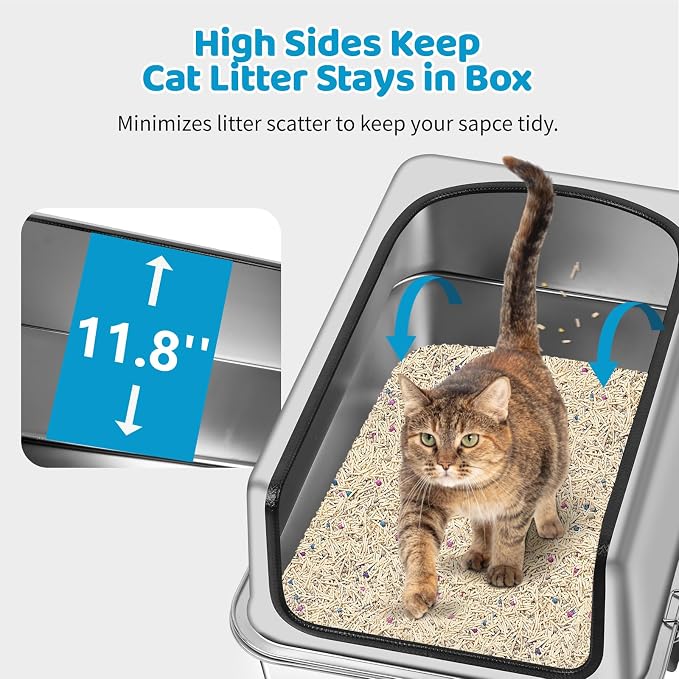 Stainless Steel Cat Litter Box, 19.7" L x 13.8" W x 11.8" H Large Semi Enclosed Removable Metal Litter Tray with High Sided Enclosure, Scoop, Anti-Leakage, Non-Sticky, Easy Cleaning