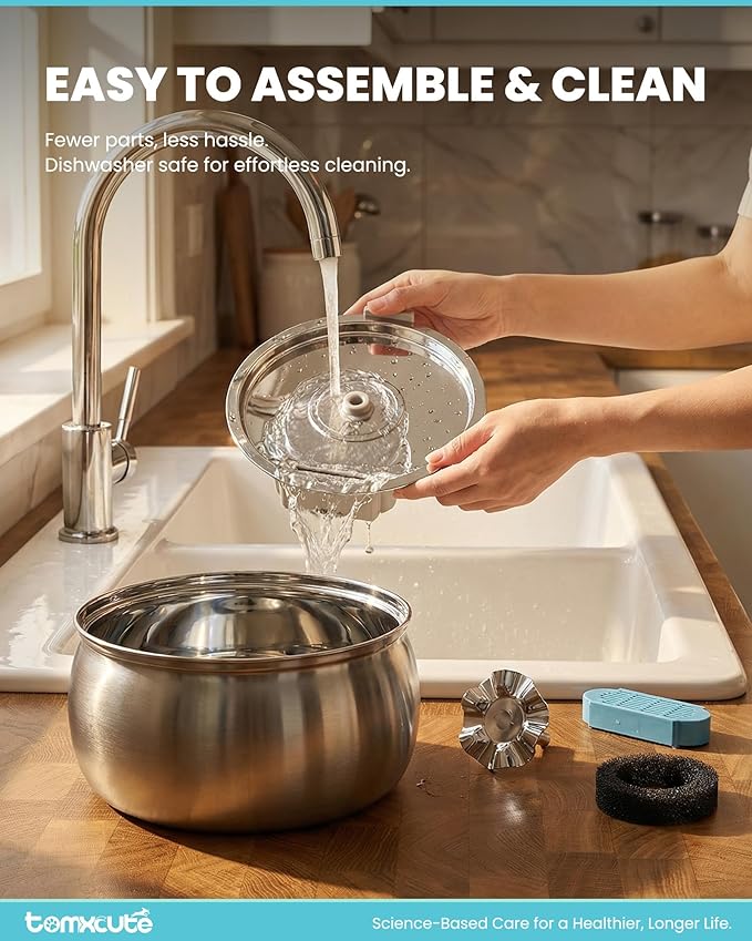 Tomxcute Cat Water Fountain Stainless Steel: 4L/135oz Large Capacity Dual-Mode Flow Ultra Quiet Pump Filtered Circulating Water for Multiple Pets Indoor with 3 Replacement Filters
