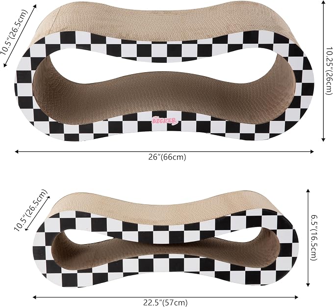 Suvi 26" Modern Cardboard Infinity 2-in-1 Lounge Bed Cat Scratcher with Catnip, Black/White Checker, Corrugated Scratching Surface and Tunnel CSR1014K