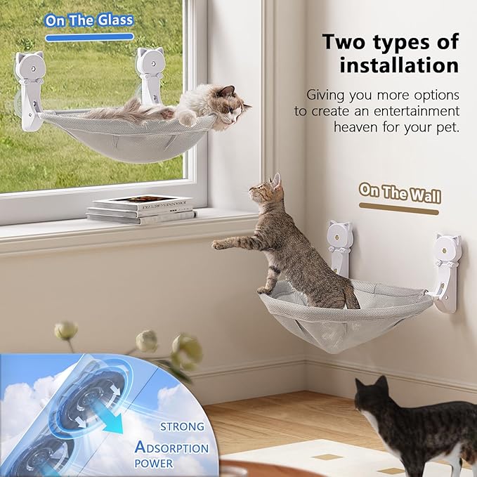 JUNSPOW Cat Window Perch Cordless, Foldable & Stable Cat Beds- Breathable Cat Window Hammock for Overlooking, Sunbathing and Climbing - Maximum Hold Up to 40lb