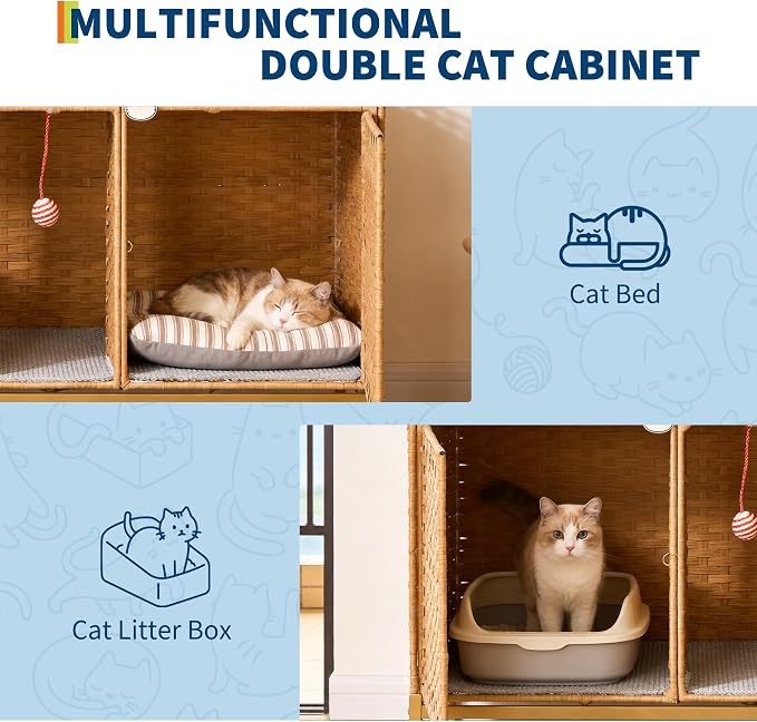 Rattan Litter Box Enclosure Double Cat Hidden Litterbox Furniture with Removable Litter Mat,Ball & 2 Hooks, Natural Cat House End Table, Easy Assembly, 47.2" l x 19.7" w x 23.6" h Natural