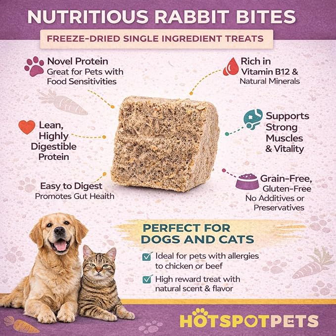 hotspot pets Freeze Dried Rabbit Treats for Dogs & Cats, USA Made - 1LB Bag 500+ Pcs, Single Ingredient Rabbit Bites - High Protein, Training Reward & Food Topper - Grain Free, Low Calorie Snack