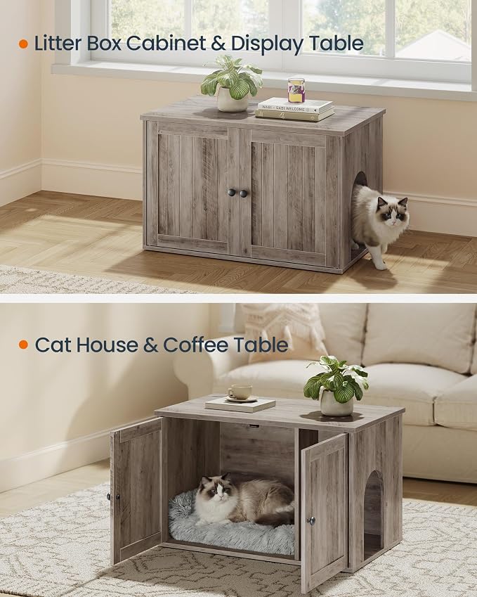 SONGMICS HOME Litter Box Enclosure, Snapsemble Superfast Assembly, Cat Litter Box Furniture, Push-to-Open Doors, Indoor Cat House, Greige UPCL233LK02S