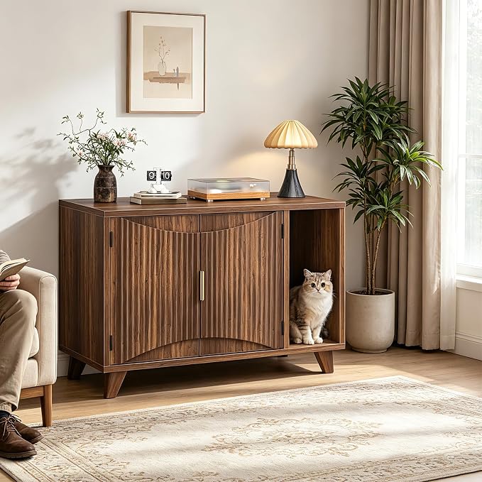 HOOBRO Cat Litter Box Enclosure, 31.5" Hidden Litter Box Furniture with Wave-Patterned Door & Side Entrance, Litter Box Cabinet with Raised Wooden Legs, Living Room End Side Table, Walnut WL28MW01