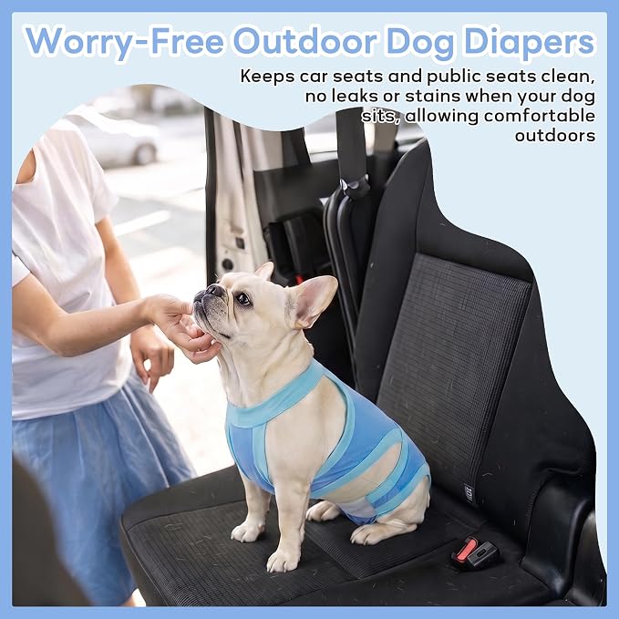 PUMYPOREITY Dog Diapers for French Bulldogs – Secure Fit Dog Wraps, Reusable & Machine Washable, for Heat Cycle, Marking, Pee Protection, Indoor Use, Travel, Home Protection, Blue, XL