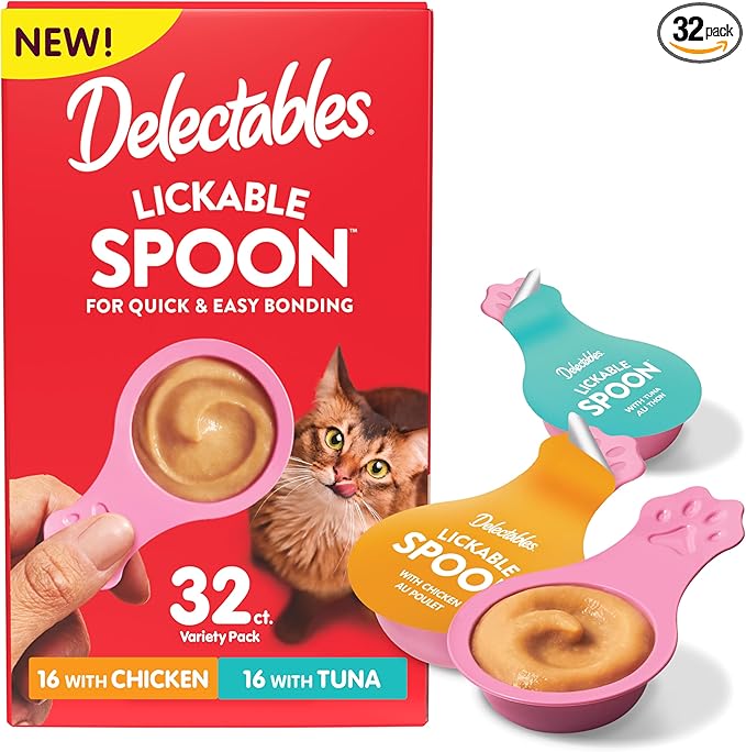 Delectables Lickable Spoon Handheld Wet Cat Treats Made with Real Chicken & Tuna, Creamy Puree, Mess Free, Quick & Easy, Grain-Free, No Added Fillers, No Added Preservatives, Variety Pack, 32ct