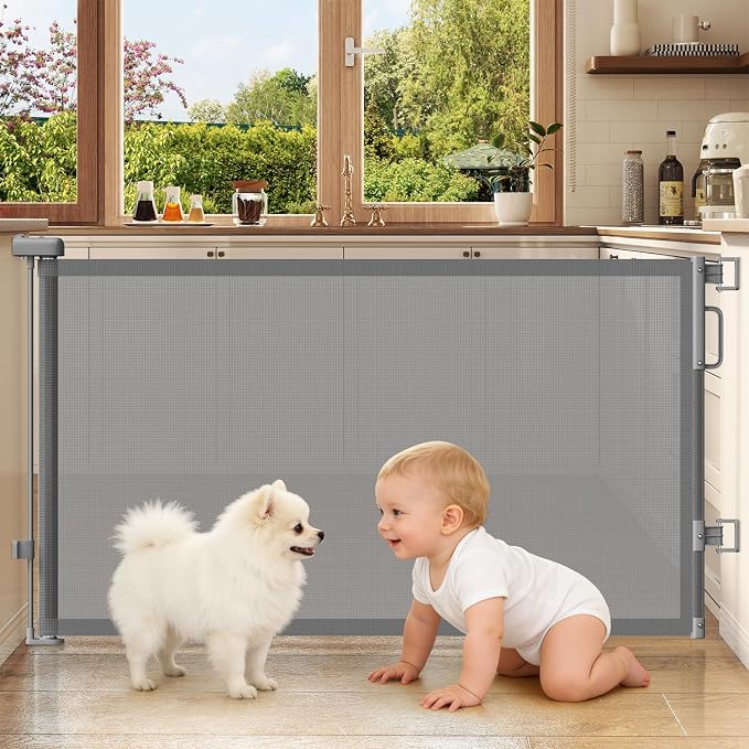 Retractable Baby Gates for Doorways, 58" Extra Wide Mesh Child Dog Gate for Stairs, 34" Tall Toddler Pet Gate Indoor and Outdoor, Easy Install, Home Necessity, Gray