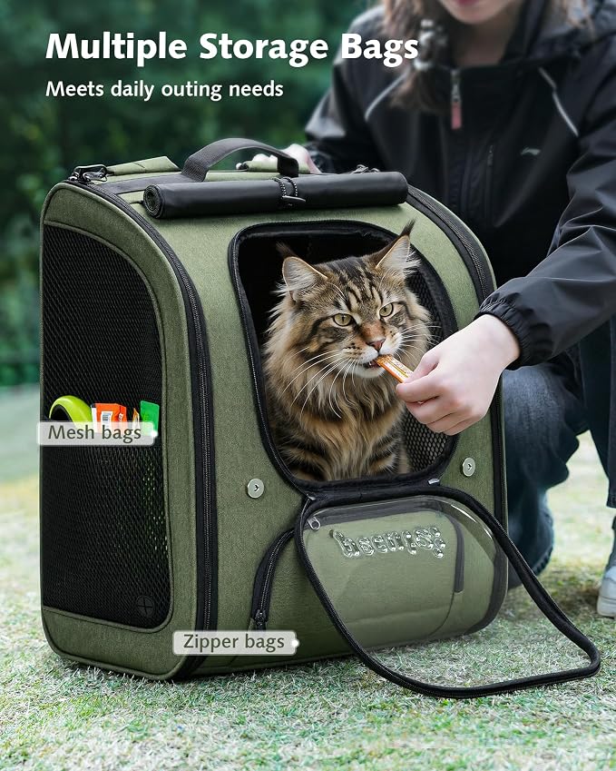 Pecute Cat Backpack Carrier XL, Large Space Cat Bubble Backpack, Breathable Cat Carrier, Shaded Dog Backpack Carrier, Ergonomic 3D Design for Travel, Hiking, for Medium Dogs up to 15lbs, Green