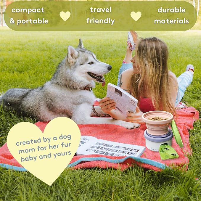 Travel Hero 3-in-1 Portable Pet Food Container for Puppies and Small Breeds, Comes with a Silicone Water Bowl and Poop Bag Dispenser in One, Glacier