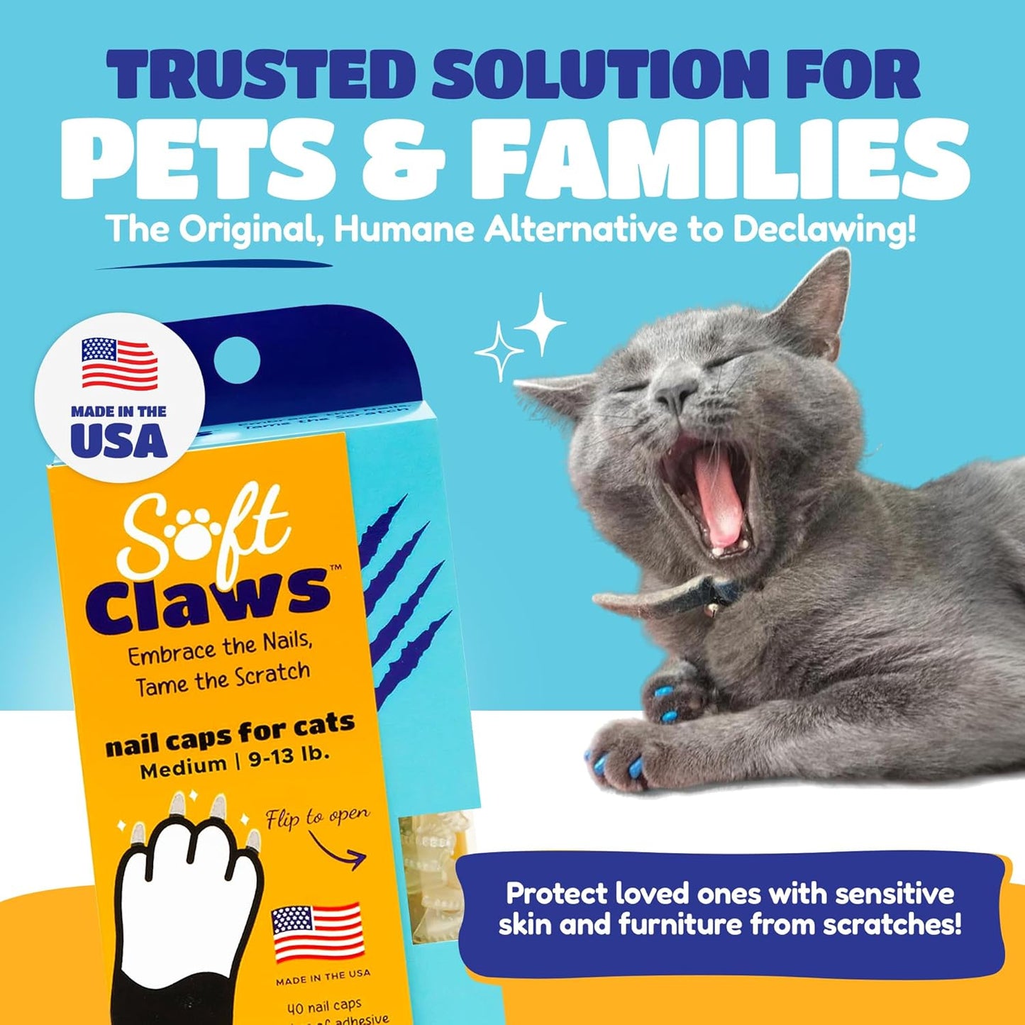 Soft Claws Cat Nail Caps for Medium Cats – (40 Caps, Gold Sparkle) - Made in USA - Veterinarian-Developed | Protects Furniture & Skin - Easy to Apply, Long-Lasting Anti-Scratch Soft Cat Claw Covers