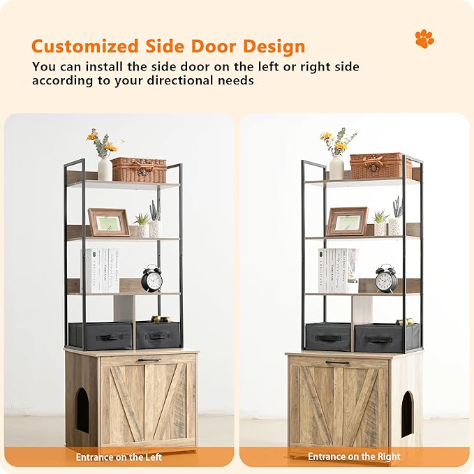 Dwanton Litter Box Enclosure with 3 Storage Shelves and 2 Drawers, 2-in-1 Hidden Cat Litter Box Enclosure Furniture with Shelf, Reversible Entrance, Washable Drawers, 61.8-Inch, Greige