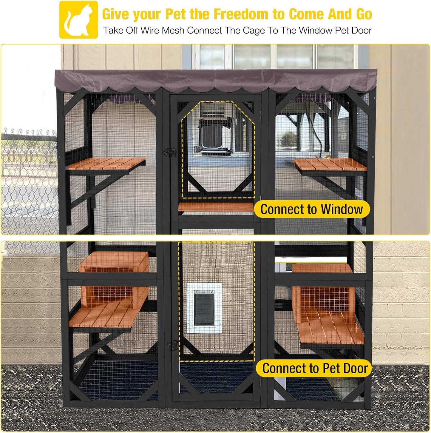 Aivituvin Catio Outdoor Cat Enclosure Large Cat House for Mulitiple Cats Walk in Kitty Cage with Tarp Roof 70" Black