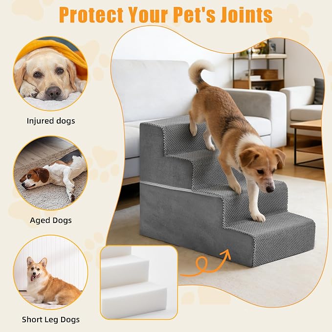 4-Step Dog Stairs for Large Dogs and Cats, 18in H Dog Steps for Couch, Sofa, Chair, Durable Non-Slip Sturdy Pet Steps, Pet Ramp for High Bed Indoor, Grey