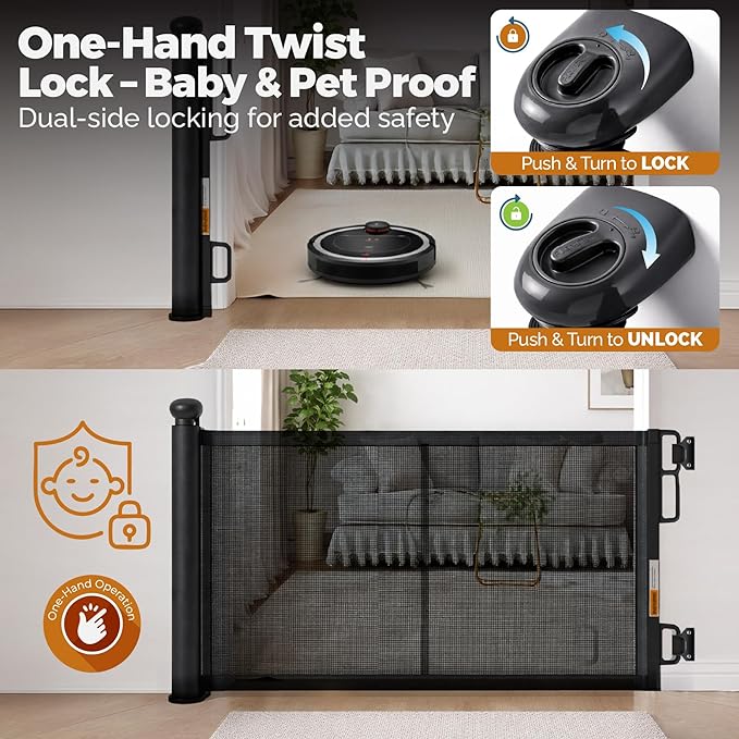 Retractable Baby Gate - 72" Wide Mesh Dog Gate with Support Rods - 34" Tall for Stairs, Doorways, Hallways - Drill or No-Drill - Pet & Cat Gate - Outdoor/Indoor (Black, 5.91 Feet)