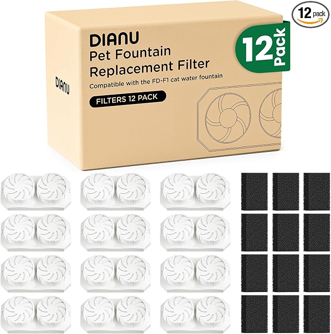 DIANU Official Cat Water Fountain Replacement Filters & Pre-Filter Sponges for 3.2L/108oz Stainless Steel Pet Fountain (12 Pack)