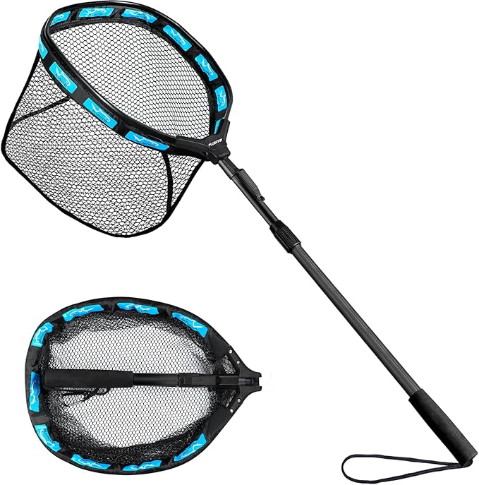 PLUSINNO Fishing Net Fish Floating Landing Net, Kayak Nets with Fixed Foldable Telescopic Pole Handle, Bass Trout Fishing Nets with Nylon Mesh for Pond Lake River, Fishing Gear Gifts for Men Anglers