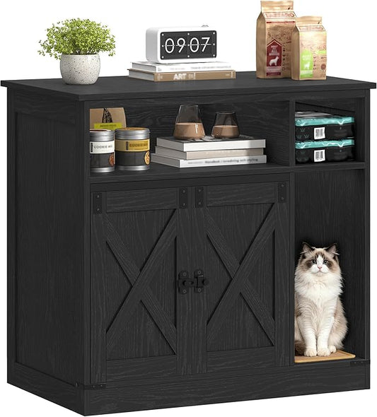 Hzuaneri Cat Litter Box Enclosure, Hidden Litter Box Furniture with Storage, Wooden Cat Cabinet with Scratch Pad, Farmhouse Cat Washroom, TV Stand End Table, Black CB87504X