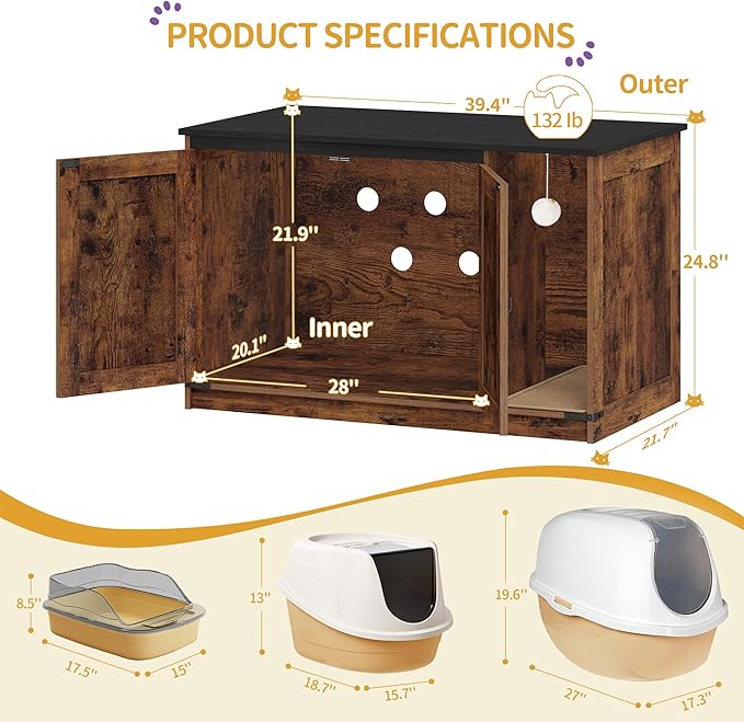 Hzuaneri Cat Litter Box Enclosure, Hidden Litter Box Cabinet Furniture with Bell, Indoor Cats House, Farmhouse Style, 39.4 x 21.7X 24.8 Inches for Hallway, Bedroom, Rustic and Black CB85201X