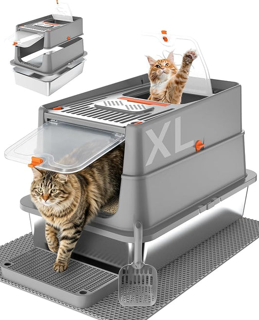 Stainless Steel Litter Box with Flip Lid, XL Extra Large Cat Litter Box with High Sided Top Entry Design, Anti-Leakage Enclosed Metal Litterbox for Big Cats, with Handle, Mat, Pedal & Scoop, Dark Grey
