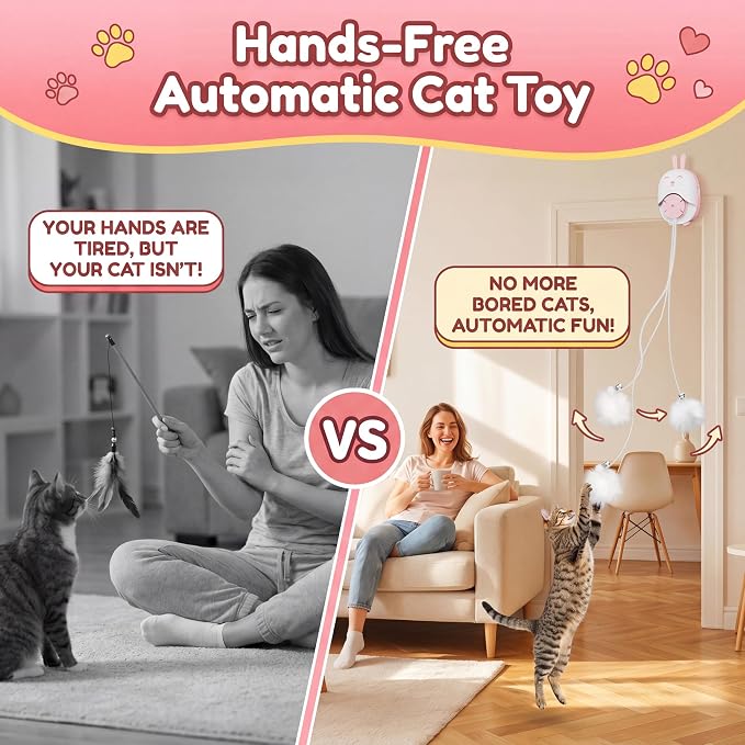 Interactive Cat Toys for Indoor Cats, Automatic Hanging Cat Toys with 6pcs Accessories, 360° Rotating, USB Rechargeable & Auto Pause Electronic Cat Toys for Bored Indoor Adult Cats (Pink)