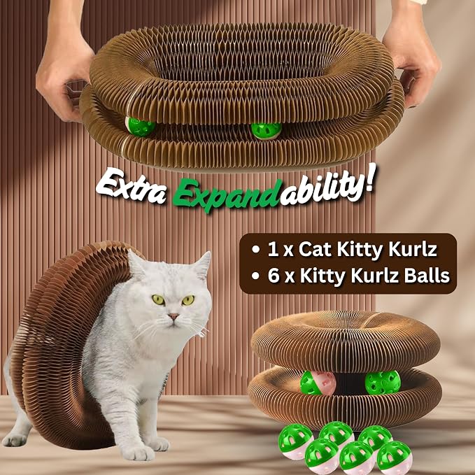 Kitty Kurlz Cat Scratcher Toy - Reversible Magic Organ Foldable Accordion Honeycomb Cardboard Scratching Board with Bell Ball, Interactive Anxiety Relief Exercise Toy for Indoor Cats (1PCS)