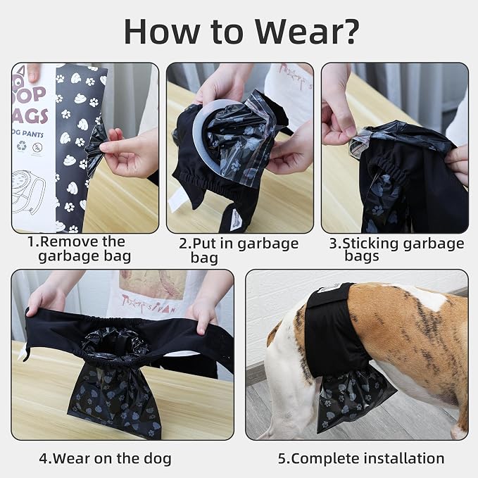 HDKUW Reusable Male Dog Diapers with 50pcs Waste Bags, Adjustable Leak-Proof Dog Sanitary Pants for Incontinence & Indoor Walking, Dogs Pee Collection Pants for Senior Disability Dogs M