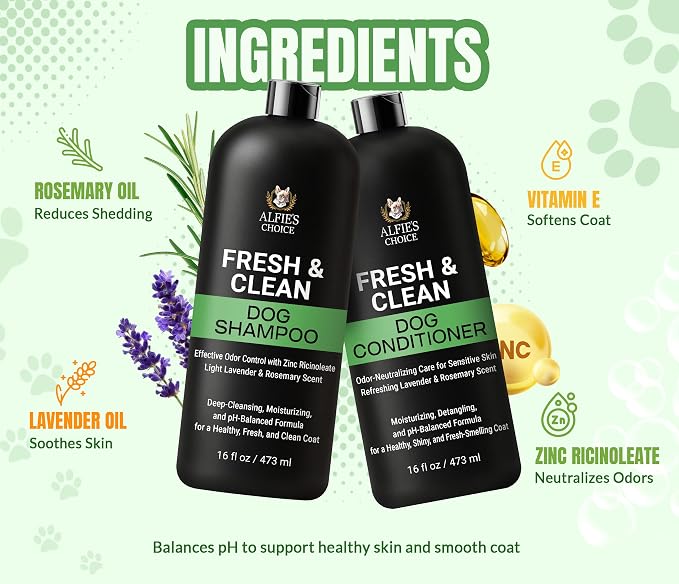 ALFIE'S CHOICE Dog Shampoo for Smelly Dogs | Fresh & Clean Shampoo and Conditioner Set | 16 fl oz Each | Lavender & Rosemary Deodorizing Wash | Odor Control for All Breeds