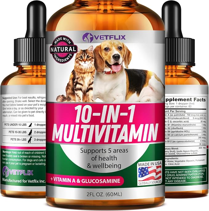 10 in 1 Pet Liquid Vitamins for Dogs, Cats, Puppies and Kittens, 2 Fl Oz | Glucosamine and Multivitamin Supplement, Joint Support, Immune Support, Skin Health, Made in USA
