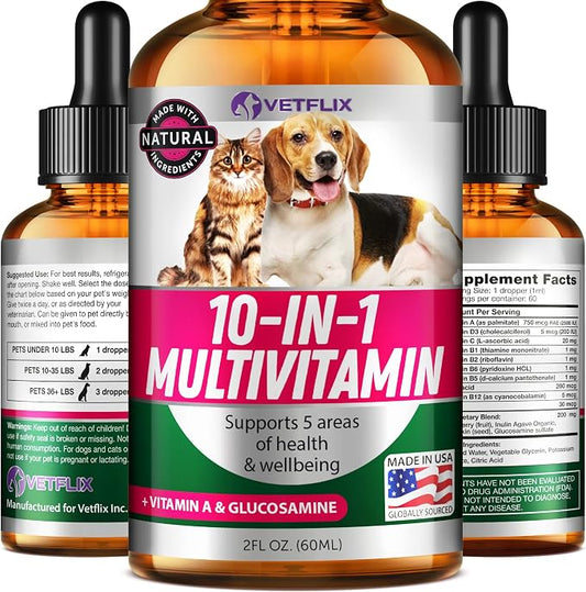 10 in 1 Pet Liquid Vitamins for Dogs, Cats, Puppies and Kittens, 2 Fl Oz | Glucosamine and Multivitamin Supplement, Joint Support, Immune Support, Skin Health, Made in USA