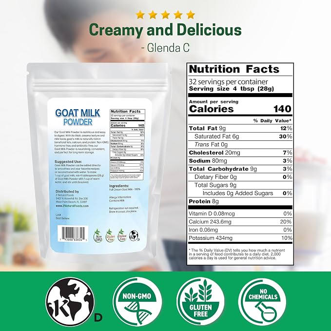 Z Natural Foods Goat Milk Powder - Pure Netherlands Full Cream Milk, Powdered Goat Milk, Highly Nutritious, Easy Digestion - Whole Goats Milk for Adults for Smoothies, Cooking, Baking, 2 lbs