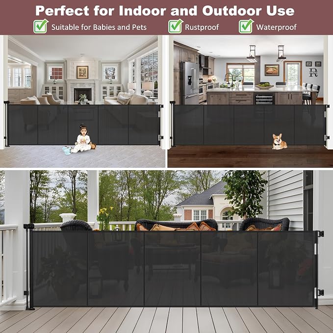 Reinforced 41" Tall × 120" Extra Wide Retractable Baby Gate with Support Rods, Indoor Extra Long Baby Gate Retractable Dog Gate Outdoor Retractable Gate Extra Tall Pet Gate for Large Openings, Black