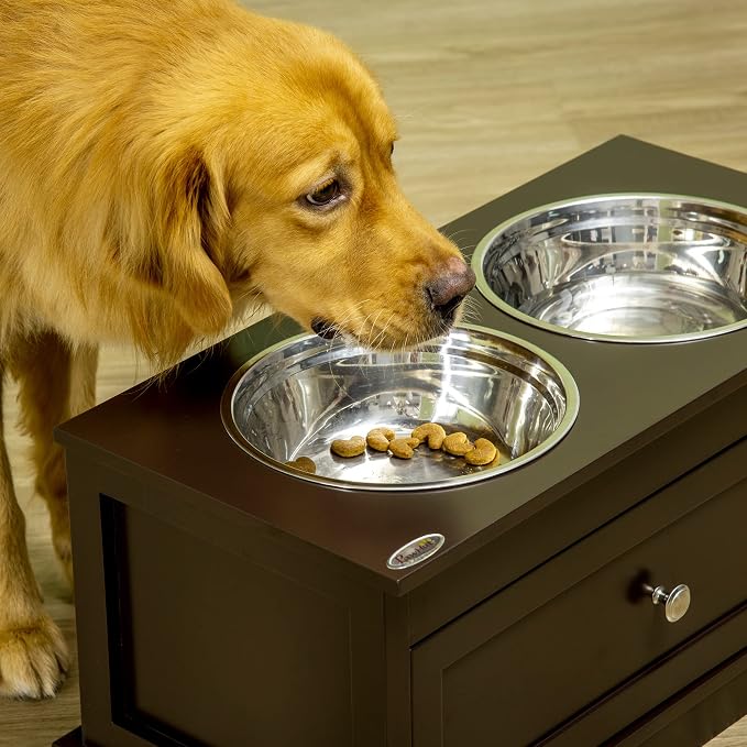PawHut Large Elevated Dog Bowls with Storage Drawer - 11L Capacity, Raised Dog Bowl Stand Feeding Station, Brown