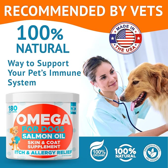 Omega 3 Fish Oil for Dogs (180Ct) - Skin&Coat Chews - Dry & Itchy Skin Relief + Allergy Support - Shiny Coat - EPA&DHA Fatty Acids - Alaskan Salmon Oil Chews Promotes Heart