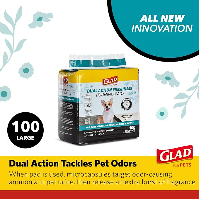 Glad for Pets Dual Action Freshness Activated Carbon Puppy Pads, Fragrance Release, Scented Odor Control, 6-Layer Leak-Proof, Pheromone Attractant, 23 x 23 Inch, 100 Count