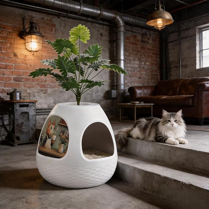 Eggloa6 Hidden Cat Litter Box Plant with 4 Litter Box Liners, Cat Litter Mat, 4 Odor Filter Artificial Plant Litter Box Enclosure Large DIY Litter Box Furniture for Cat Kitty Bunny (Snow White)