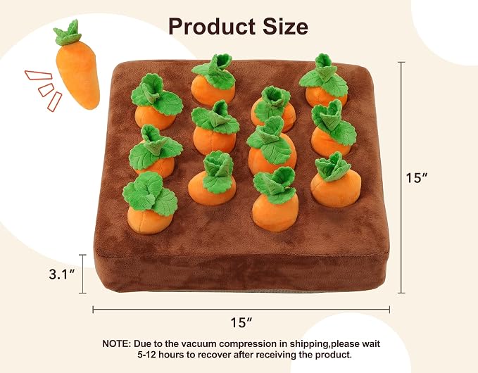 Interactive Dog Toys，Squeak Carrot Snuffle Mat for Dogs Plush Puzzle Toys 2 in 1 Non-Slip Nosework Feed Games for Pet Stress Relief with 12 Carrots…