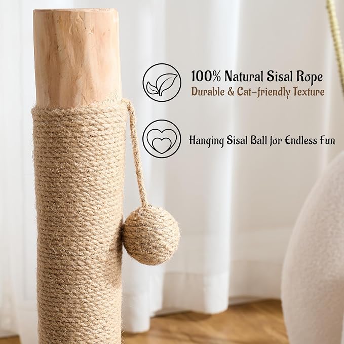 29" Tall Solid Wood Cat Scratching Post for Indoor Cats, Extra Stable Heavy Base, Natural Sisal Scratcher with Hanging Ball, Furniture Protector for Kittens & Adult Cats, Beige