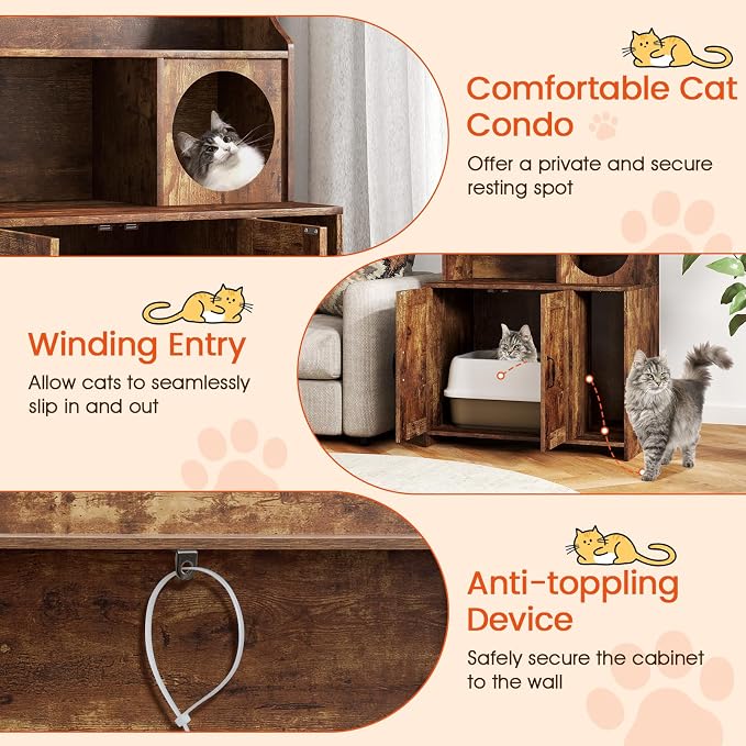 PETSITE Industrial Cat Litter Box Enclosure with Storage Shelves, 2-in-1 Wooden Hidden Litter Box Furniture with 3-Tier Open Shelf, 51-Inch Tall, Rustic Brown