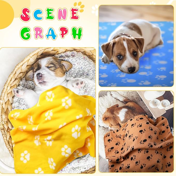 Tegeme 12 Pieces Fleece Blankets for Pets Dog Puppy Paw Print Cat Bedding Cover Blanket for Small Animals Pig Cage Liner Sleep Mat Pad Kitten Soft Warm(Cute Style,39 x 28 Inches)