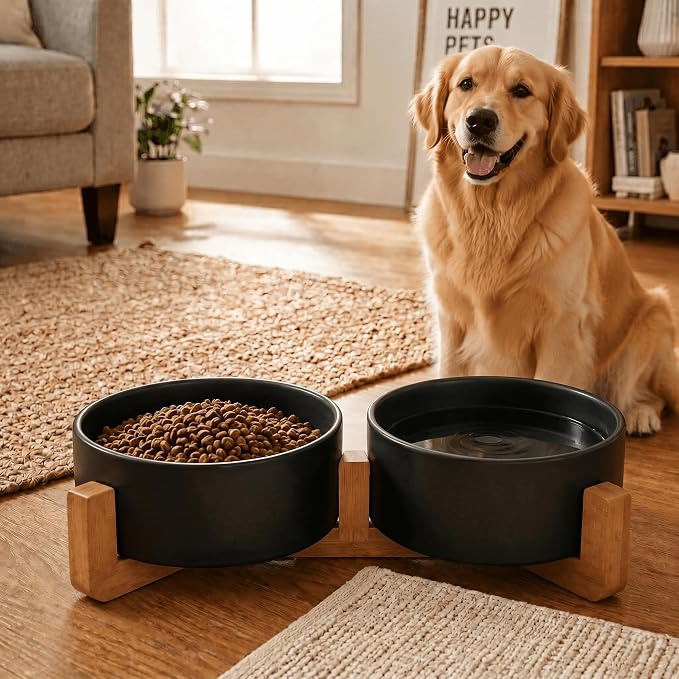 SPUNKYJUNKY Ceramic Dog and Cat Bowl Set with Wooden Stand, Modern Cute Weighted Food Water Bowl Set for Medium to Large Size Dogs (42 OZ, 2 × Black)