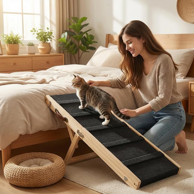 Wooden Dog Ramp for Bed and Couch, 4 Adjustable Heights Folding Pet Ramp with High Traction Fabric Surface, Portable Solid Pine Wood Dog Steps for Couch, Max 25KG (Trumpet)