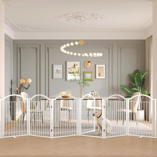 BHG Metal No-Assembly Freestanding Dog Gate with Door Walk Through, Extra Wide 144", Extra Tall 32" Pet Gate, Accordion Puppy Folding Playpen Dog Fence, with 2PCS Support (White, 6 panesl)