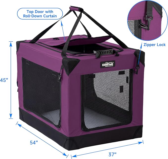 EliteField 4-Door Folding Soft Dog Crate (2-Year Warranty) with Aluminum Frame, Top Curtain, Carrying Bag, and Fleece Bed, Indoor & Outdoor Pet Home (54" L x 37" W x 45" H, Purple)