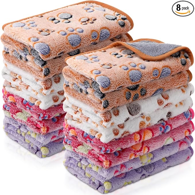 Tudomro 8 Pcs Absorbent Guinea Pig Blankets Washable Small Animal Fleece Bedding Cage Liners Reusable Pet Sleep Mat Pad Cover for Ferret Chinchilla Furniture Protection(Paw,12 x 12 Inch)