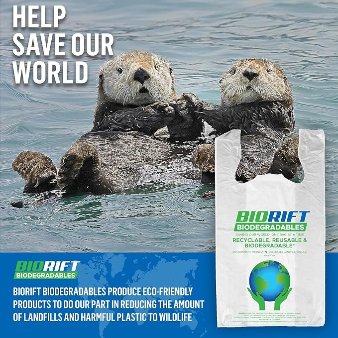 BioRift T Shirt Grocery Bags - 100% Biodegradable & Eco Friendly – Reusable Supermarket Small Trash Bags - Extra Strong Thank You Plastic Shopping Handles - Recyclable For Dog & Cat Poop (500 Count)