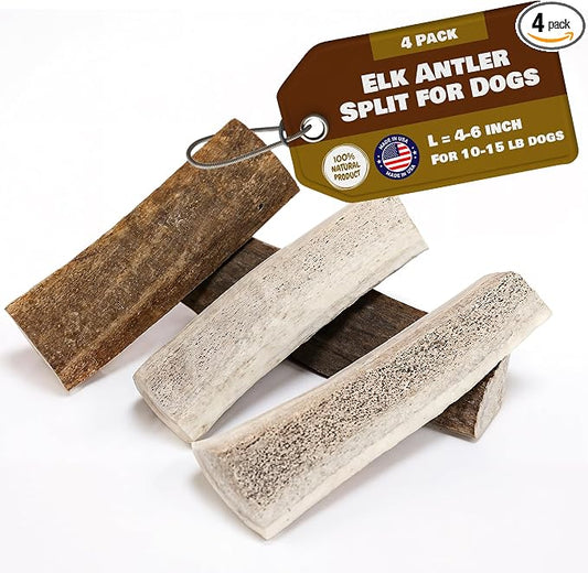Extra Small 4 Pack (Splits) All Natural Premium Grade A. Elk Antler Chew. Naturally Shed, Hand-Picked, and Made in The USA. NO Odor, NO Mess. GUARENTEED SATISIFACTION. for Dogs 10-20 lbs
