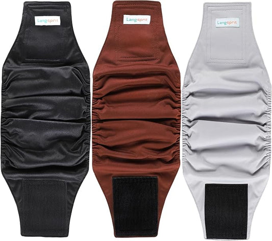 Langsprit Male Belly Bands for Dogs (Pack of 3) - High Absorbing Dog Wraps Male Washable - Reusable Dog Diapers (Black,Gray,Coffee, XX-Large)